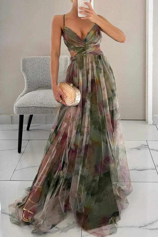 Dames elegante bloemenjurk, A-lijn model met delicate spaghetti bandjes.
