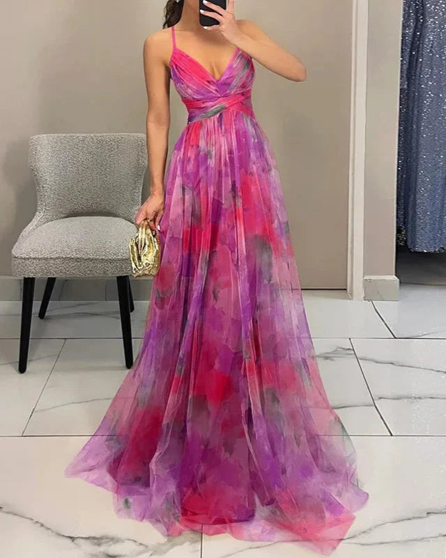 Strandklare bloemen maxi-jurk voor vrouwen, met fijne spaghetti bandjes.