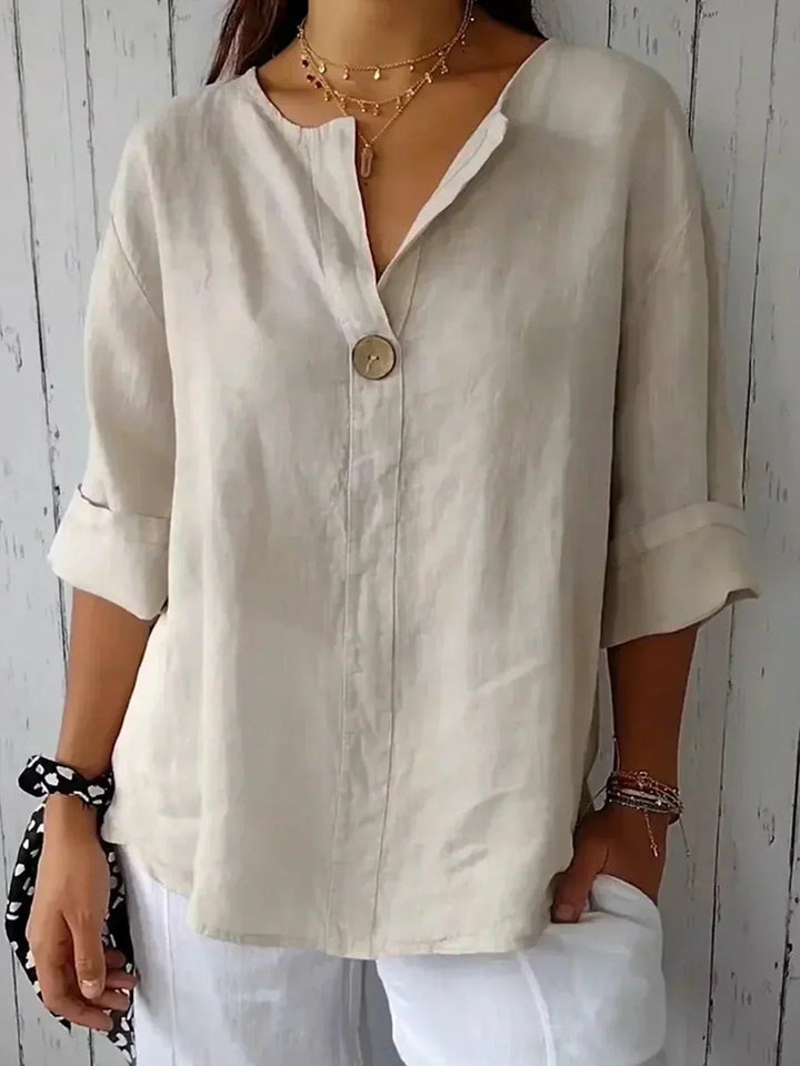 Dames blouse met knoopsluiting, V-hals en 3/4 mouwen; comfortabele en veelzijdige zomerstijl.
