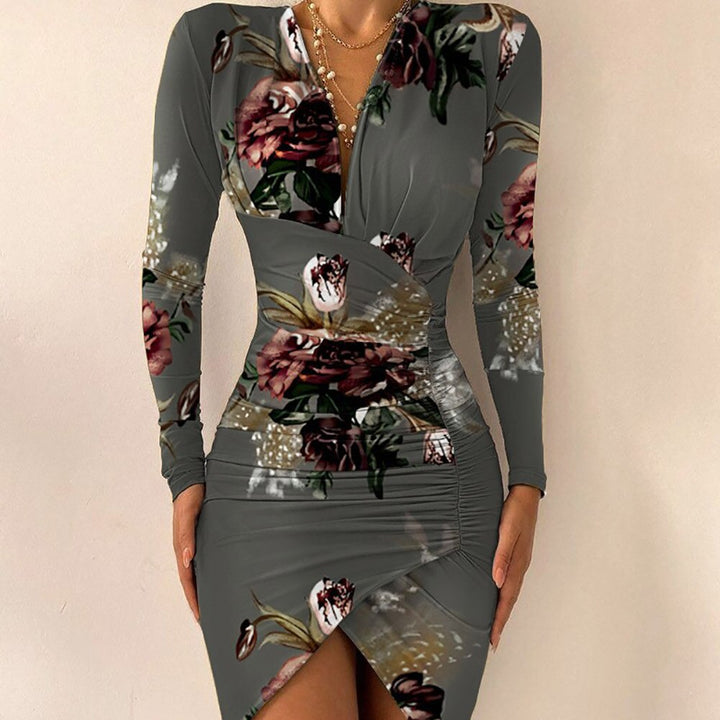 Asymmetrische dames bodycon jurk, V-hals, lange mouwen. Elegante en sexy mini feestjurk voor speciale avonden.