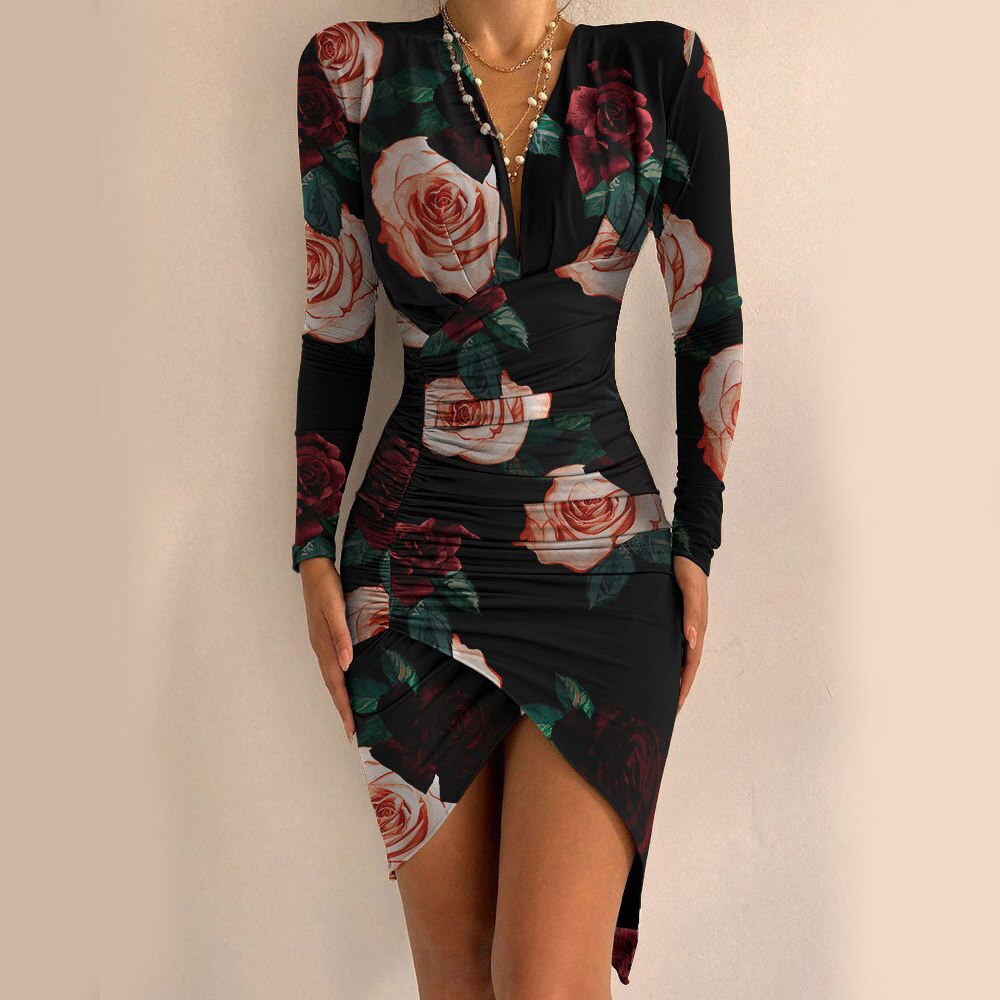 Sexy V-hals bodycon feestjurk voor dames, perfect voor Nieuwjaar of avondkleding. Asymmetrisch & elegant.