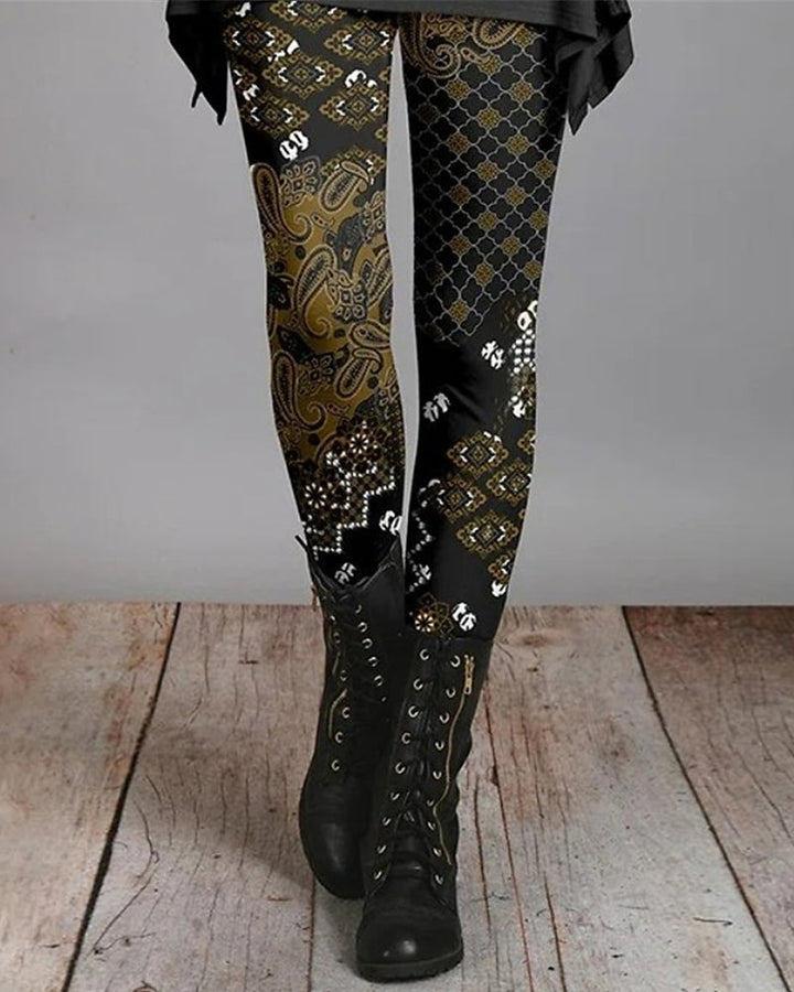 Kleurrijke retro damesleggings Ziva met opvallende etnische prints, een must-have voor bohemian damesmode.