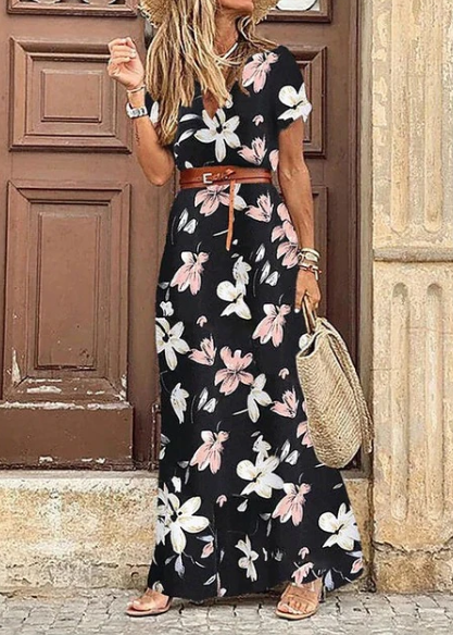 Comfortabele boho zomerjurk voor dames, lange jurk met elegante V-hals en korte mouwen.
