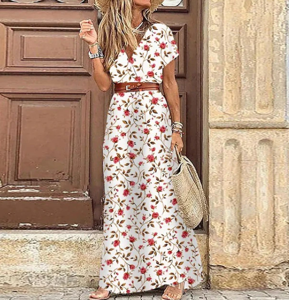 Casual damesjurk: lange boho maxi jurk met V-hals, korte mouwen en zomerse print.