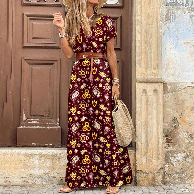 Elegante V-hals maxi jurk voor dames, korte mouwen, boho stijl, comfortabel en trendy zomerjurk.
