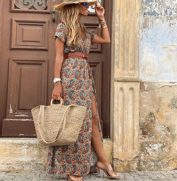 Boho zomerjurk voor dames, lange casual jurk met V-hals en korte mouwen, comfortabel en stijlvol.
