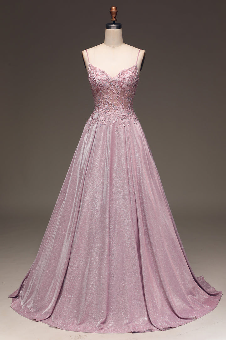 Luxe blushroze glitter baljurk Clara voor dames, A-lijn en V-hals. Elegant satijnen ontwerp voor gala.