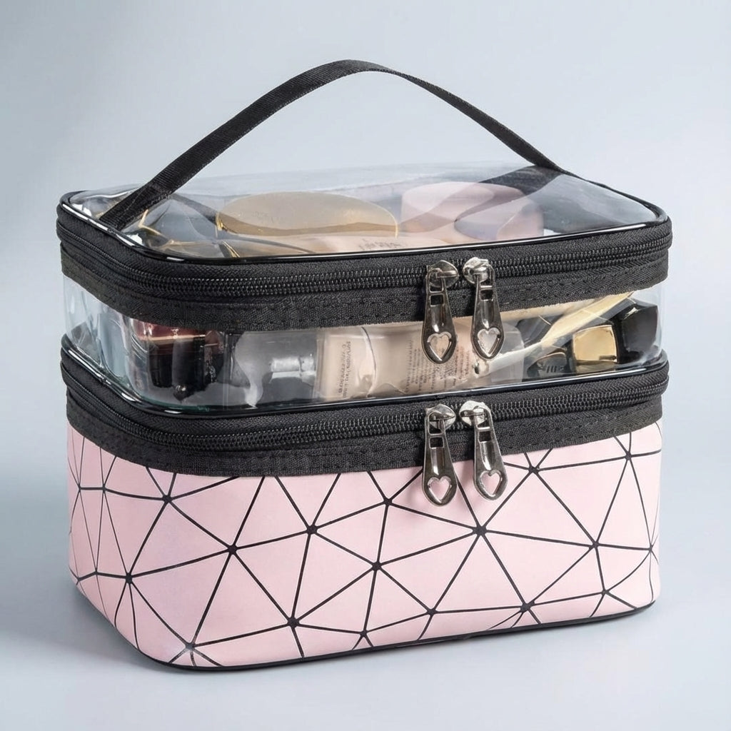Zilveren compacte dames toilettas, stijlvol en handig voor het opbergen van make-up en persoonlijke verzorging.