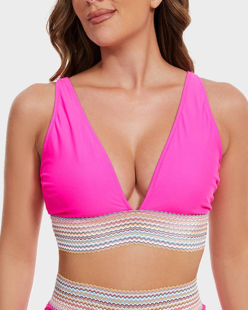 Hoge taille bikini dames met corrigerende pasvorm, kleurblok design, klaar voor strandplezier.