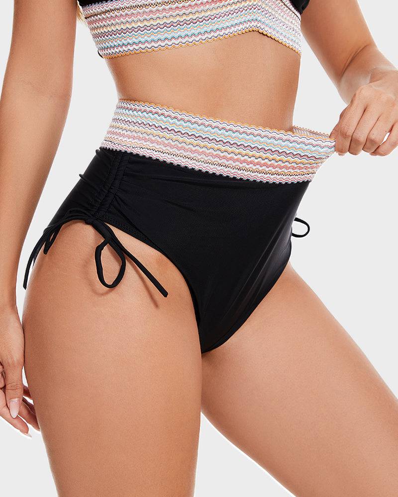 Badmode dames: hoge taille corrigerende bikini, kleurblok accenten, perfect voor een actieve zomer.