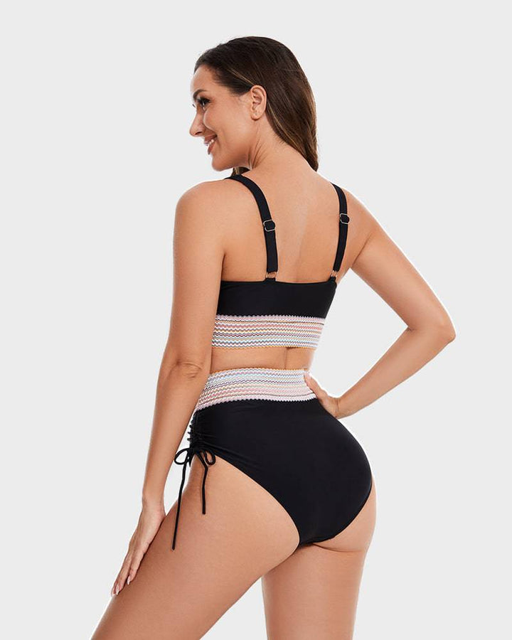 Hoge taille corrigerende bikini set dames, met buikcontrole en stijlvol kleurblok voor de vakantie.