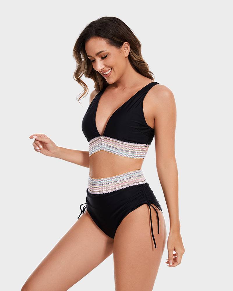 Dames badmode: tweedelige corrigerende bikini met hoge taille en fris kleurblok, voor een goede fit.