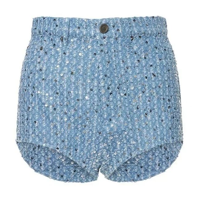 Casual luxe dames denim set met sprankelende pailletten, perfect voor een zonnige dag of avond uit.