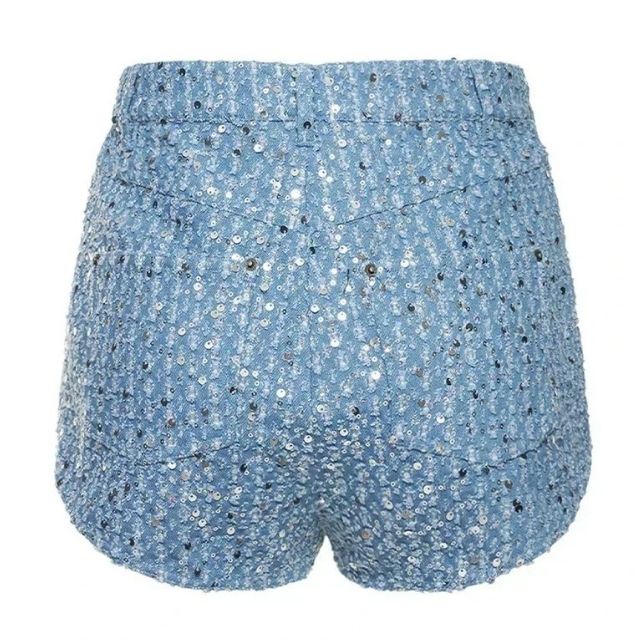 Fashion-forward dames denim set 'Nova' met pailletten op spijkerjack en shorts, jouw lente/zomer must-have.