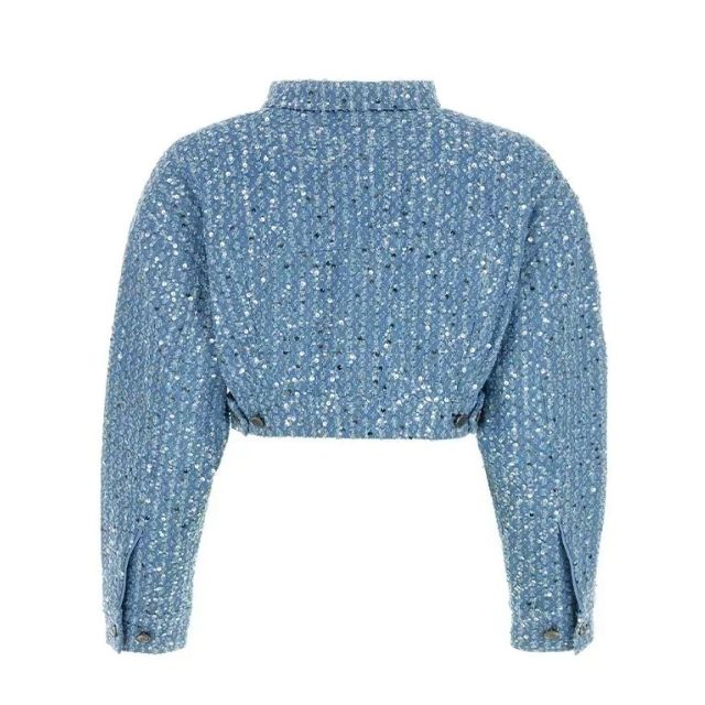 Hoogwaardige blauwe denim set voor dames, verrijkt met glimmende pailletten voor een unieke stijl.