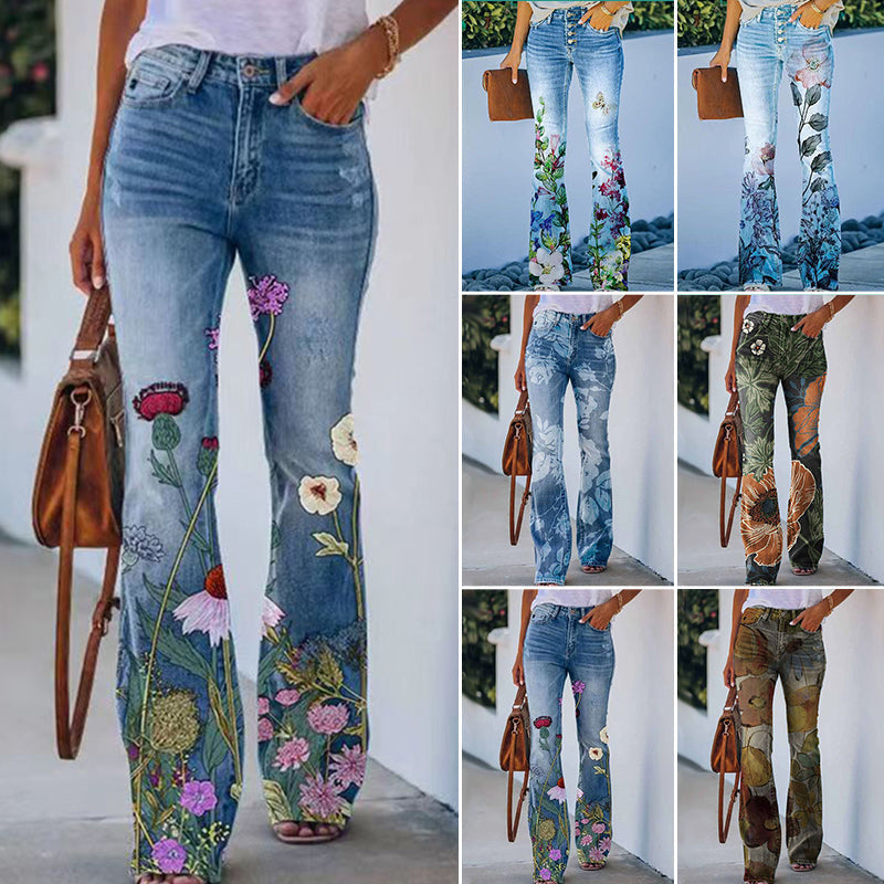 Dames flare jeans met hoge taille, 4 knopen. Trendy comfortabele spijkerbroek voor stijlvolle damesmode.
