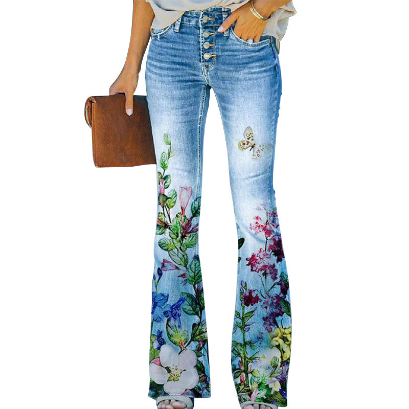 Hoge taille dames flare jeans met 4 knopen. Benadrukt de taille, comfortabel en trendy. Stijlvolle damesbroek.