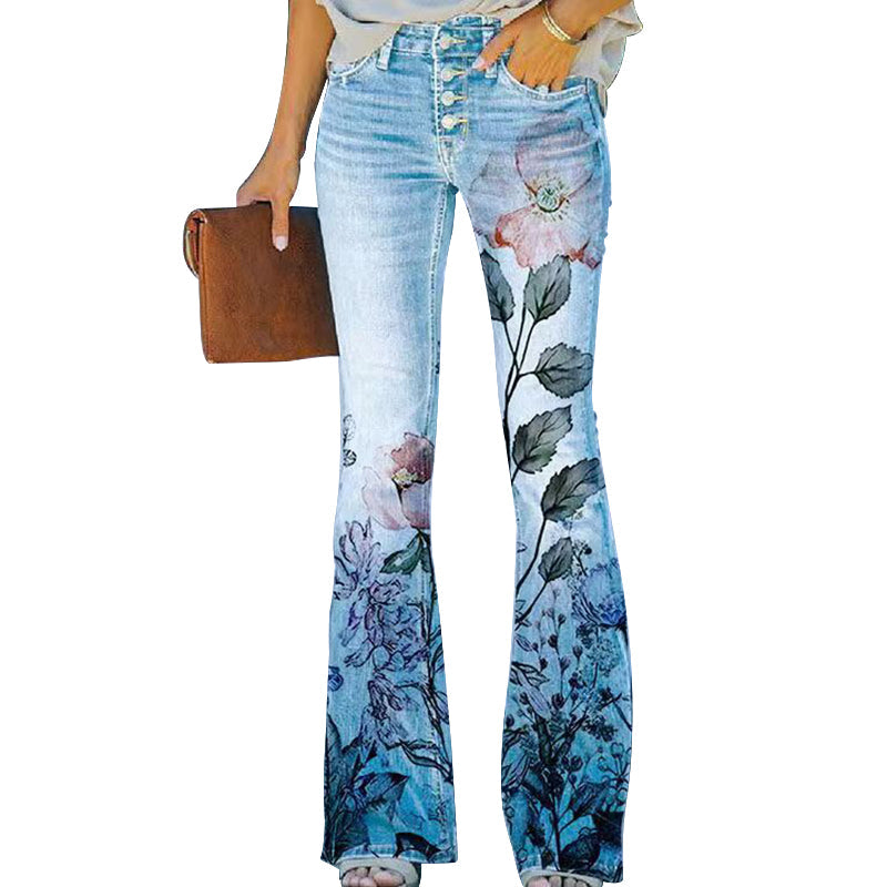 Model draagt trendy dames flare jeans met hoge taille en 4 knopen. Stijlvolle pasvorm, comfortabele uitstraling.