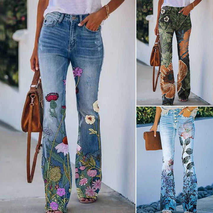 Stijlvolle dames flare jeans met hoge taille en 4 knopen. Moderne uitlopende broek, perfect voor casual comfort.