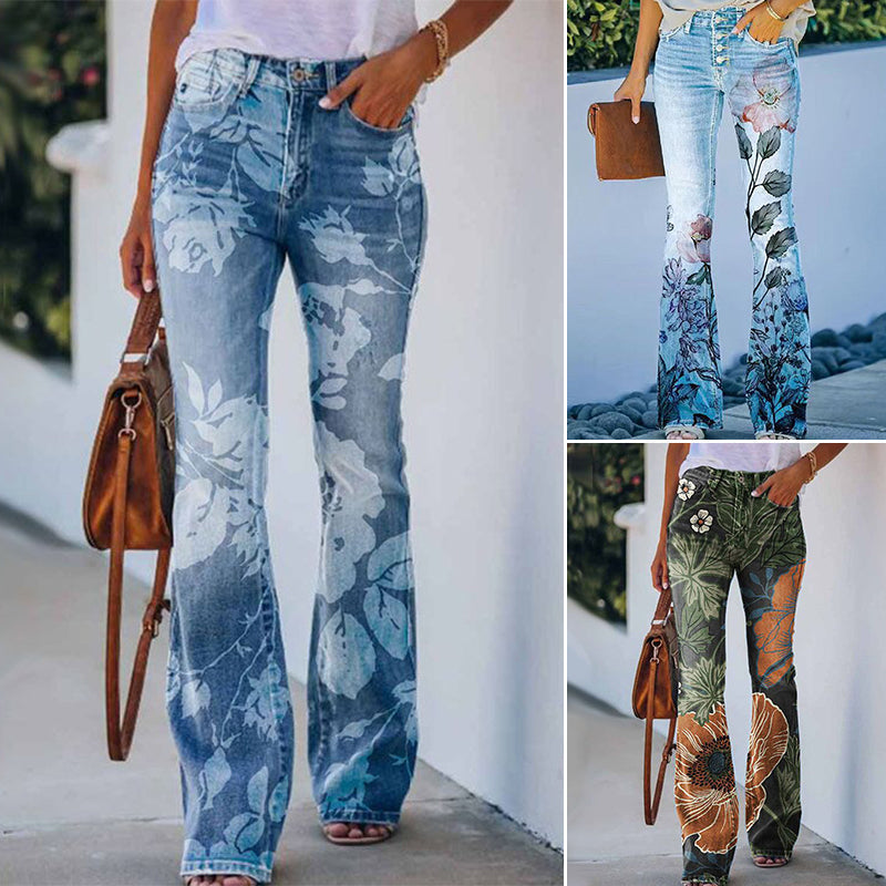 Comfortabele dames hoge taille flare jeans met 4 knopen. Trendy pasvorm, uitlopend design voor dameskleding.