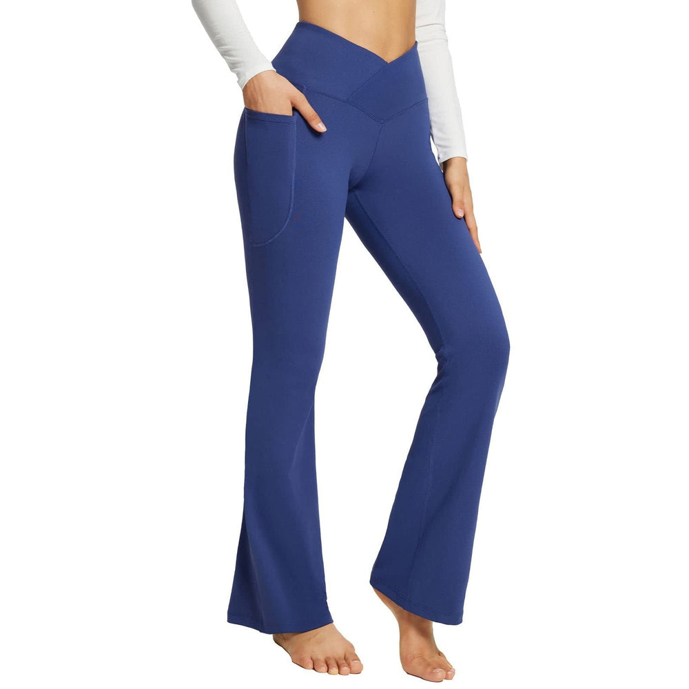 Elegante dames flare broek met hoge taille voor yoga en vrijetijd; combineert stijl met comfortabele pasvorm.