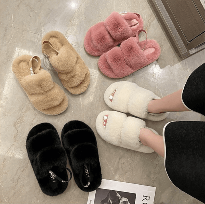 Zachte pluizige dames slippers van Fluffy Flops™ met warme voering, perfect voor de winter.