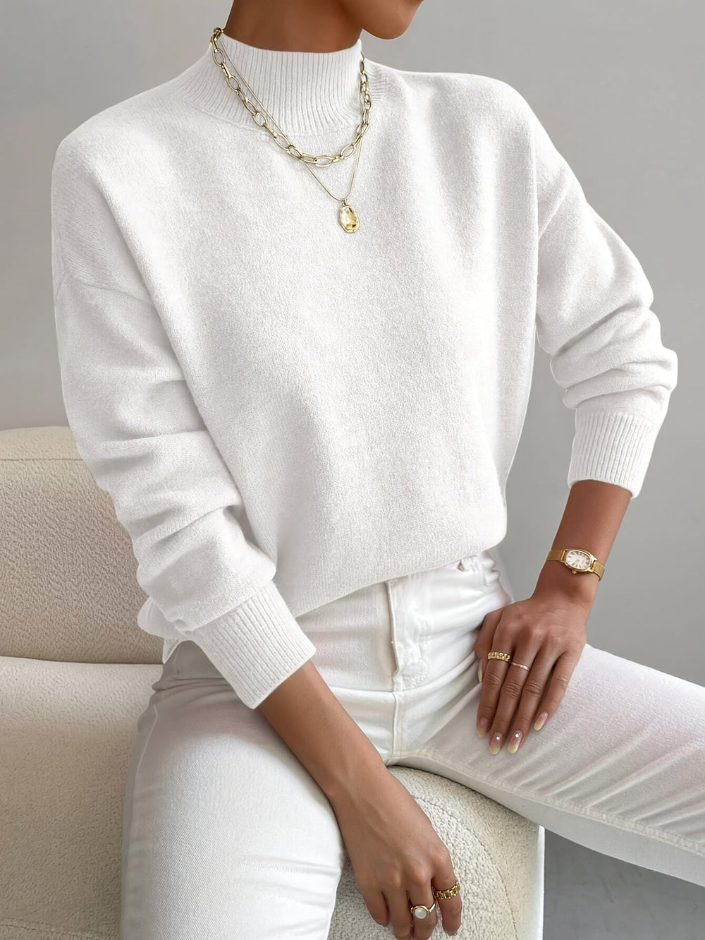 Comfortabele dames trui van katoenmix met elegante hoge kraag.