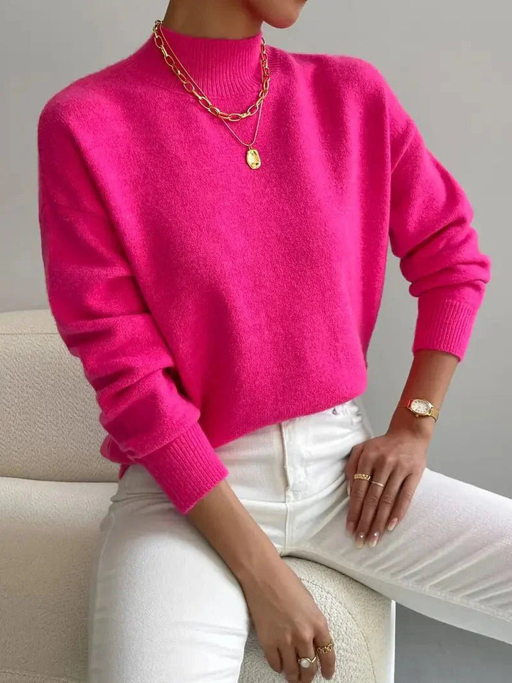 Casual dames trui met hoge kraag, gebreid en super comfortabel.