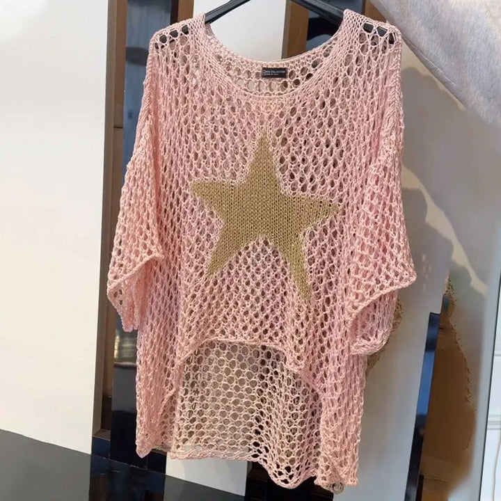 Losvallende dames mesh top Noelle met gehaakt netpatroon, ronde hals; ideaal voor zomerse dagen en festivals.