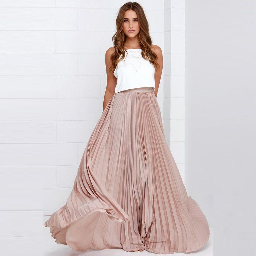 Dames geplooide maxirok met hoge taille, trendy en elegant. Perfect als zomerrok of chic casual.