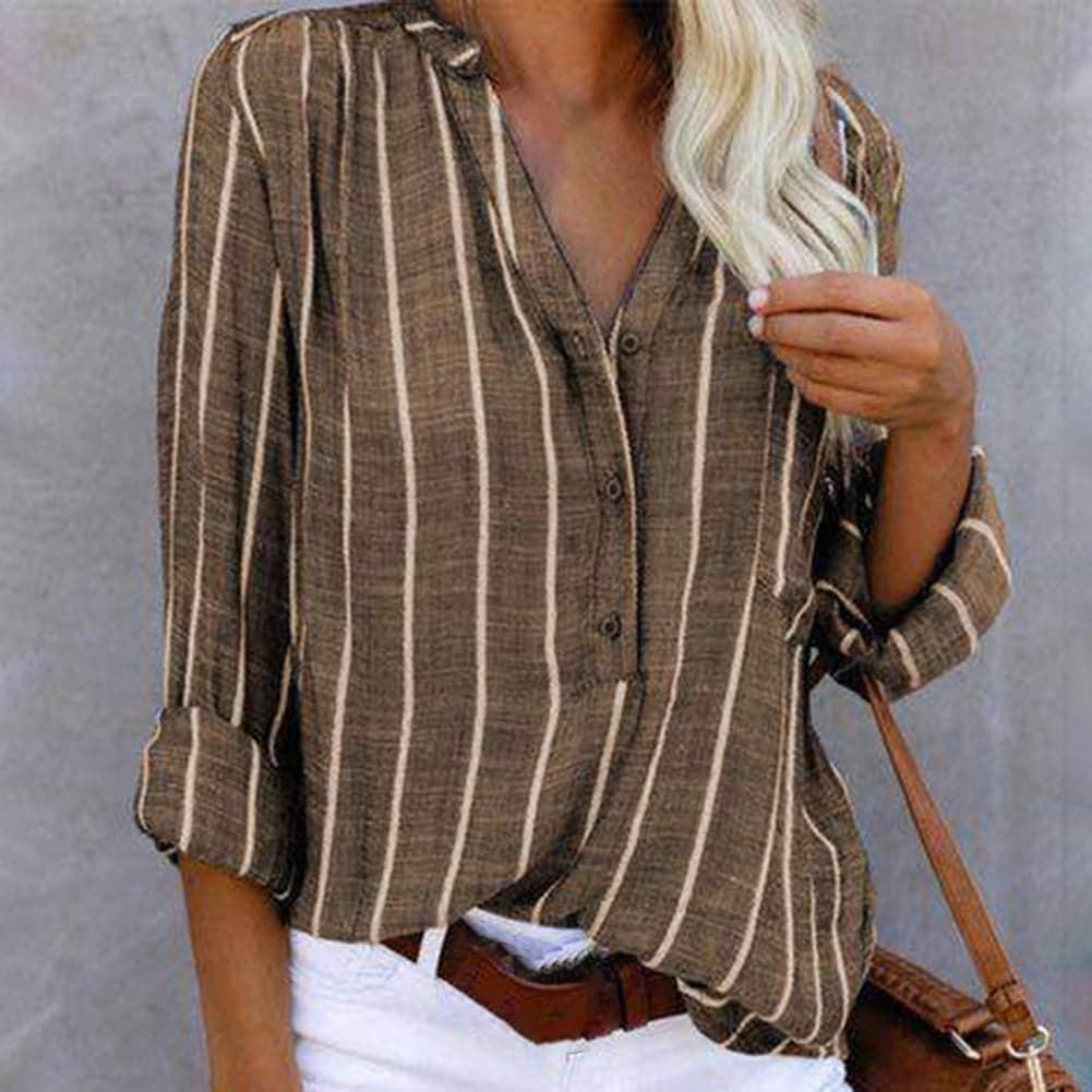 Dames gestreepte blouse met lange mouwen en V-hals, ideaal voor een stijlvolle casual of kantoorlook.