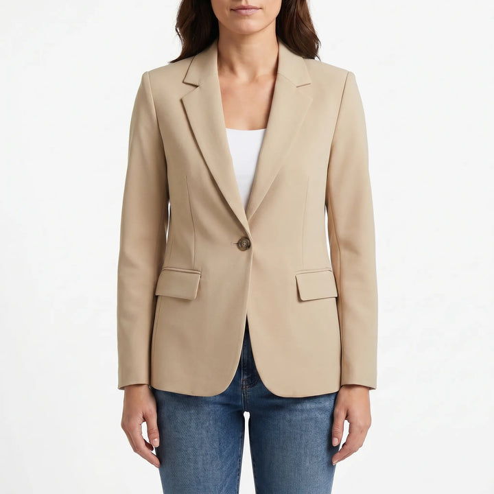 Veelzijdige dames getailleerde blazer, geschikt voor zakelijke en casual gelegenheden. Enkele knoop.