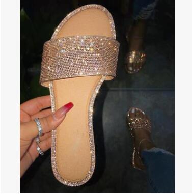 Open teen glitter slippers voor dames, met sprankelende steentjes. Perfecte zomerschoenen.