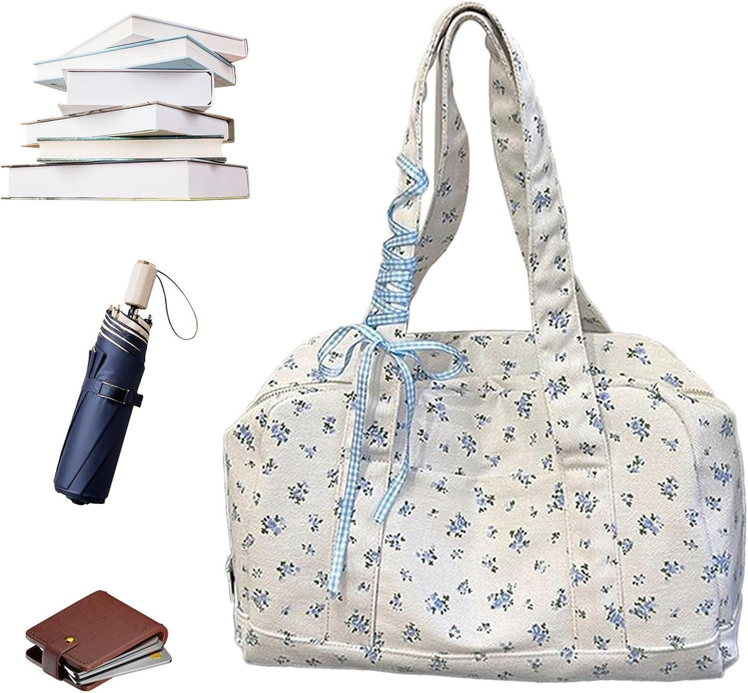 Roze canvas duffeltas dames, met elegant blauw lintdetail, perfect voor een weekendje weg.
