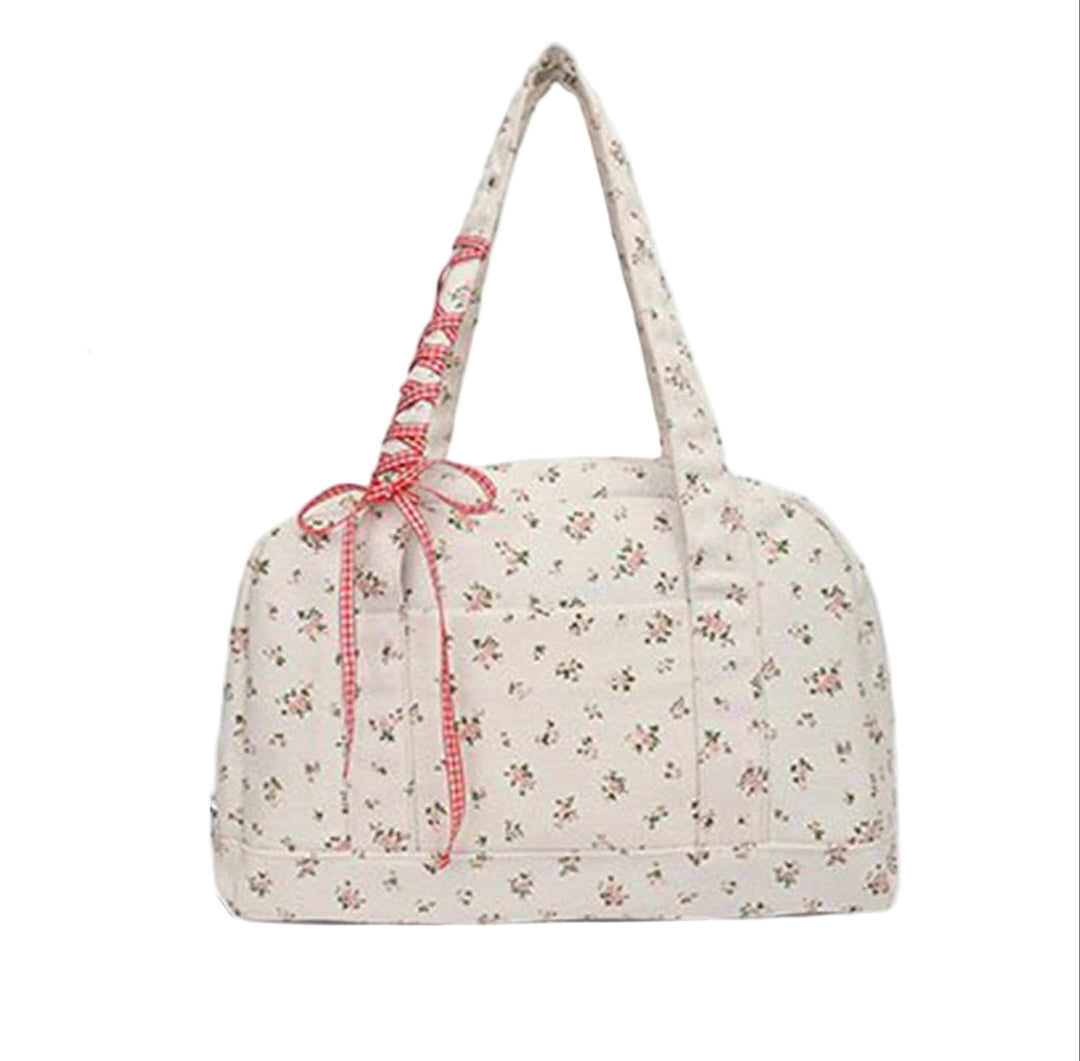 Elegante canvas schoudertas voor dames, grote Floria weekendtas met strikdetail, roze uitvoering.