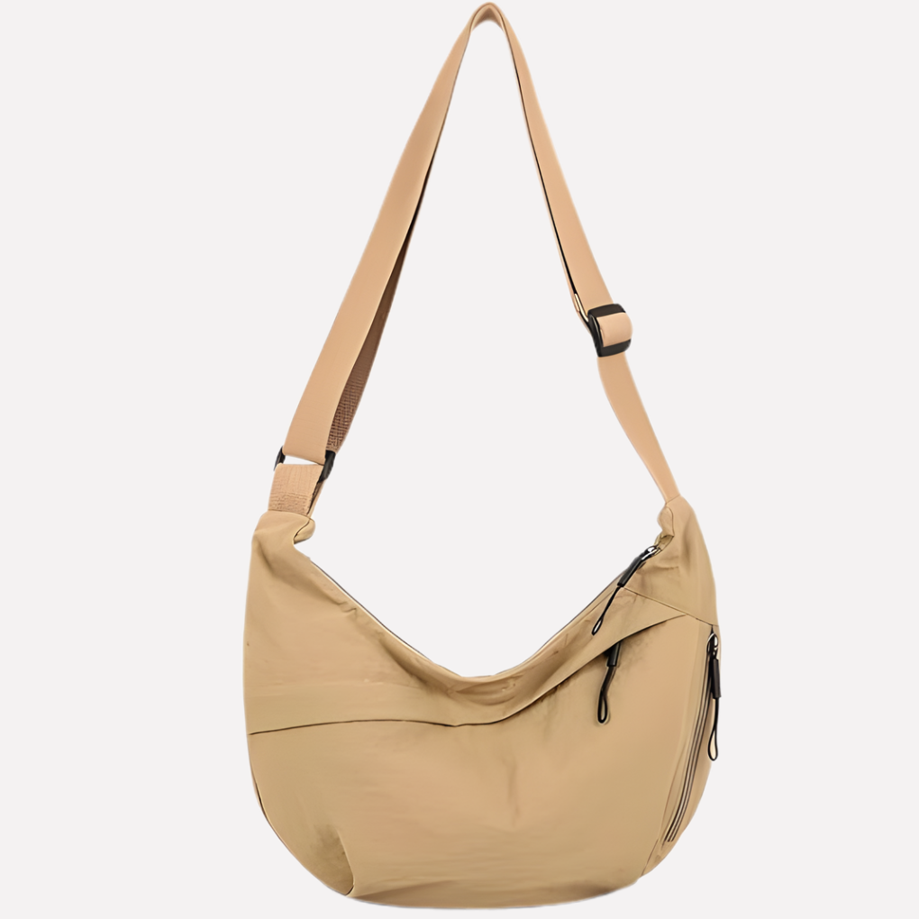 Stijlvolle dames halvemaan tas, ook als crossbody of schoudertas te dragen. Praktisch nylon.