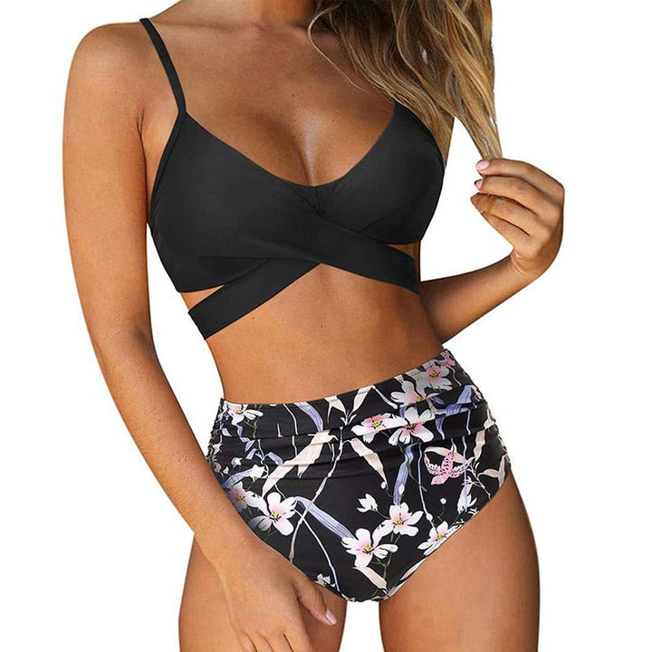 Achterkant van de comfortabele high waisted bikini dames, kleurrijke bloemenprint zwemkleding.