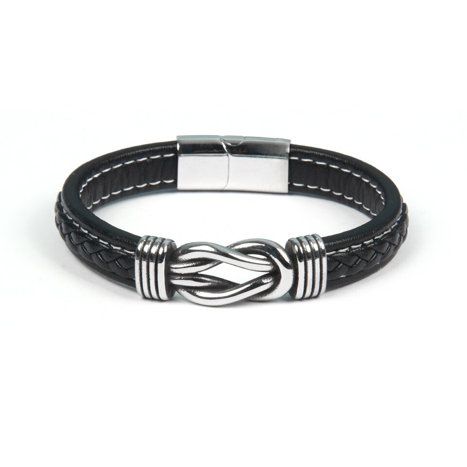 Stijlvolle robuuste damesarmband: infinity lederen knoop design in zwart/bruin met magnetische sluiting, comfortabel.