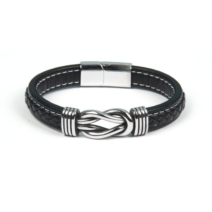 Stijlvolle robuuste damesarmband: infinity lederen knoop design in zwart/bruin met magnetische sluiting, comfortabel.