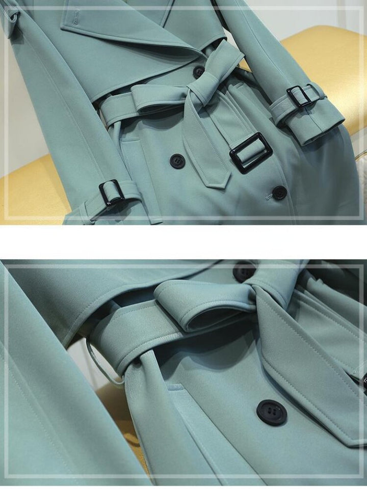Close-up van de kraag en stof van de KieraJacket dames trenchcoat. Hoogwaardige, tijdloze bovenkleding voor dames.