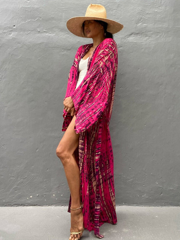 Model draagt een trendy geweven dames kimono met strikriem, perfecte zomer bovenkleding.