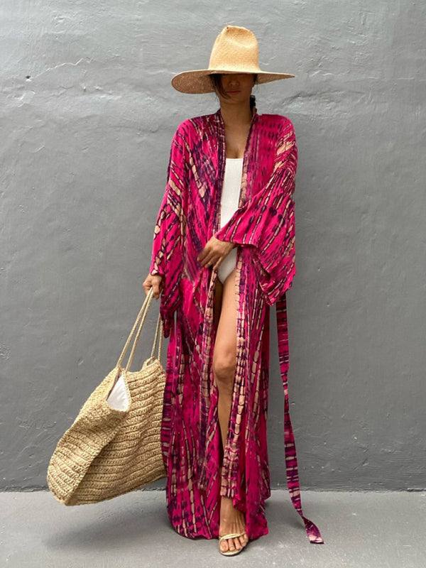 Geweven zomer kimono met verstelbare strikriem, ideaal voor modieuze dameskleding, eenheidsmaat.