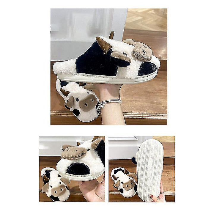Comfortabele dames slippers in koe-design, met antislipzool voor veilige grip. Warm en zacht voor thuis.