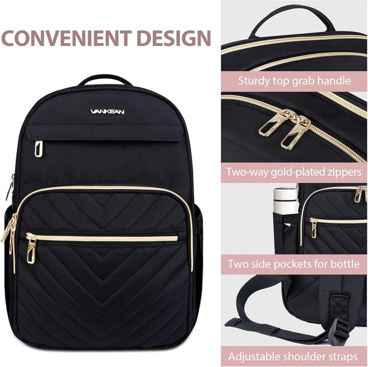 Vrouw draagt een zwarte waterdichte dames laptop rugzak (15.6") met USB-poort in een stedelijke omgeving.