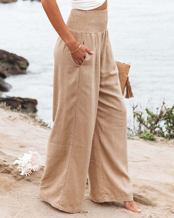 Stijlvolle damesbroek met wijde pijpen en elastische taille, comfortabel en trendy voor elke vrouw.
