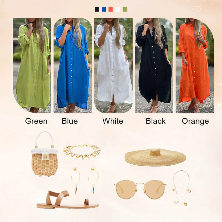 Lange comfortabele shirtjurk dames, ademende stof en casual design voor lente/zomer.