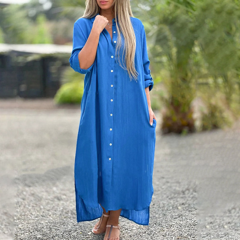 Dames luchtige jurk Marlene, een comfortabele polo-shirtjurk met lange pasvorm.