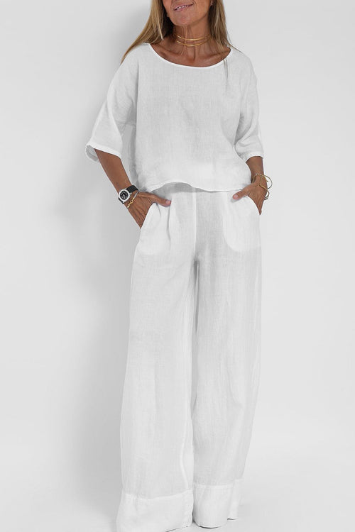 Stijlvolle dames tweedelige set met wijde broek, perfect als luchtige zomerset en casual chic lenteoutfit.