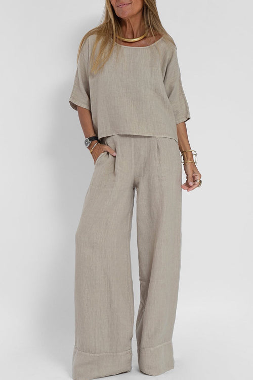 Nieuwe dameskleding: casual chic tweedelige set met wijde broek, luchtig en comfortabel voor zomer/lente.