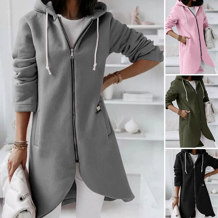 Dames middellange jas met capuchon, stijlvol en comfortabel, perfect als winterjas of casual bovenkleding.